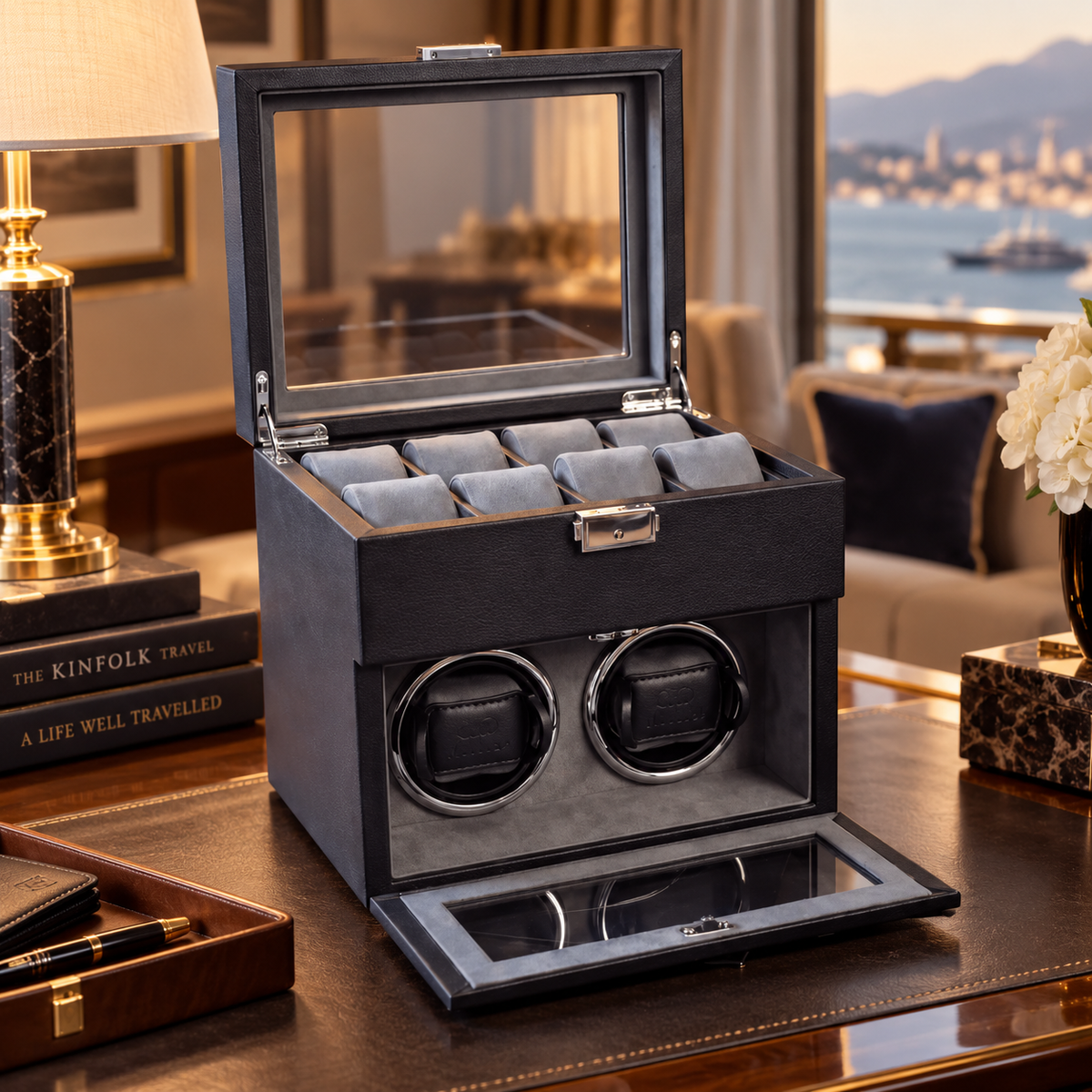 Coffret Remontoir Automatique pour Montres – Cuir Noir – Prestige