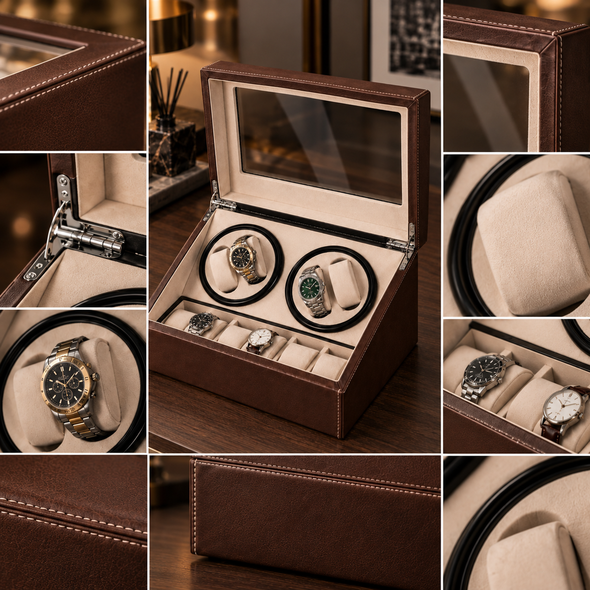 Remontoir Automatique Marron - pour 4 Montres Plus Rangement pour 6 Montres