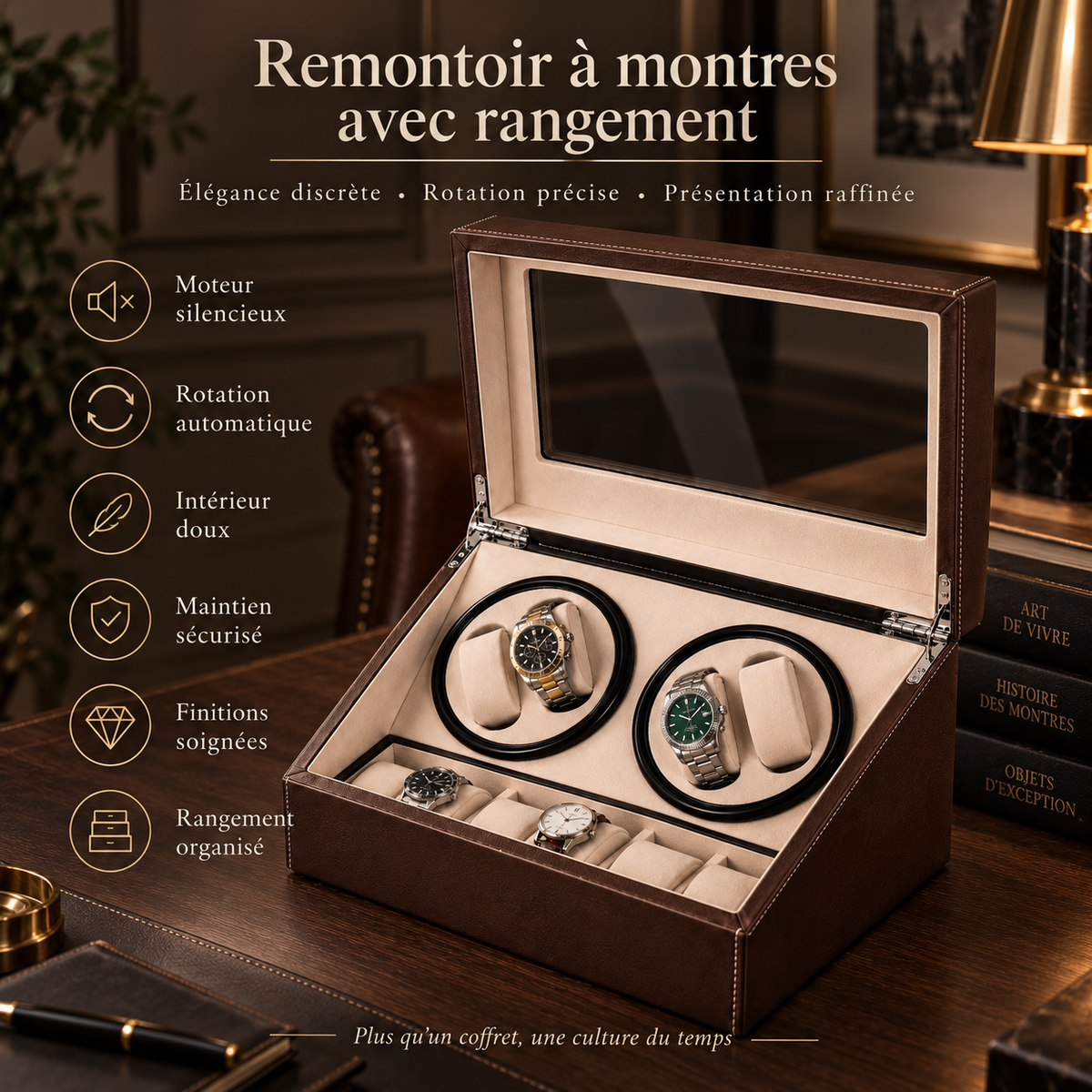 Remontoir Automatique Marron - pour 4 Montres Plus Rangement pour 6 Montres
