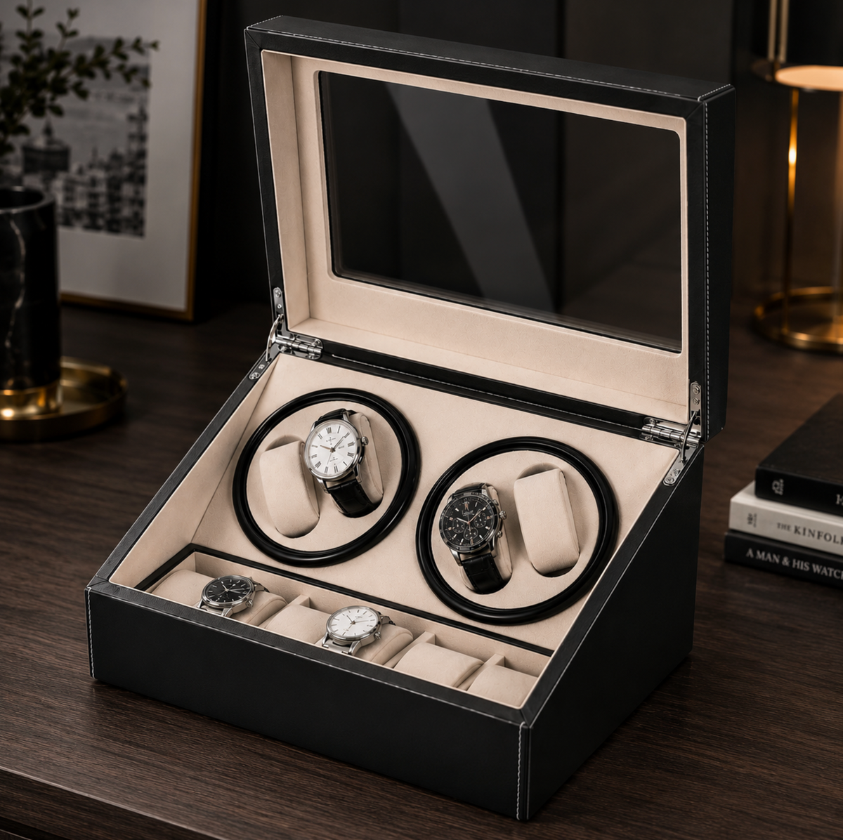 Remontoir Automatique pour 4 Montres avec Boîte de Rangement pour 6 Montres