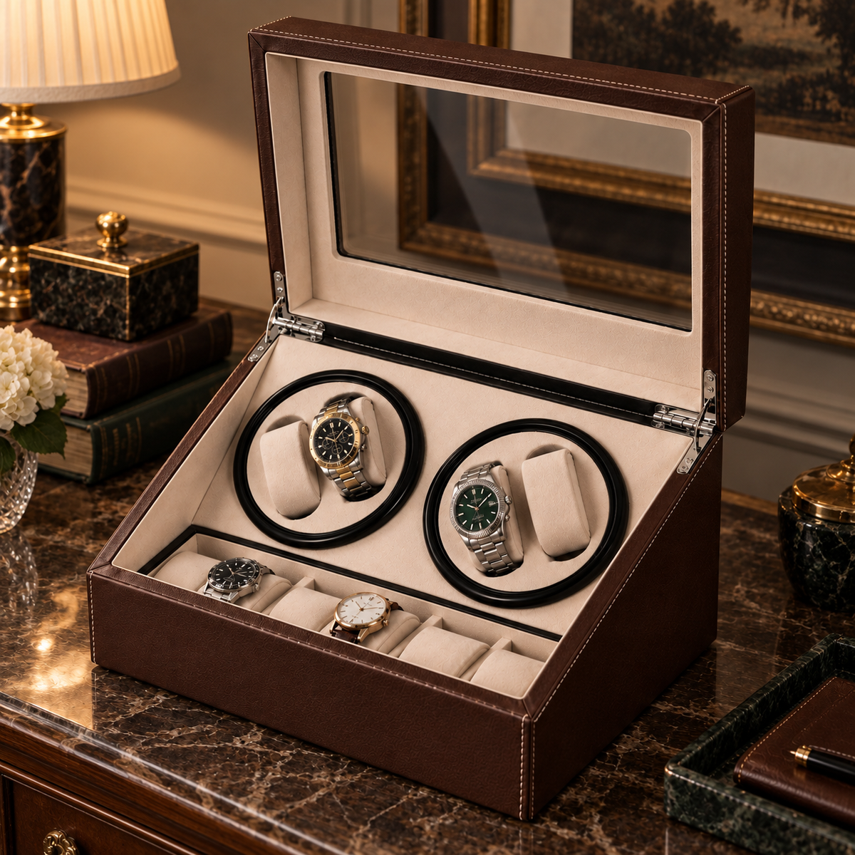 Remontoir Automatique Marron - pour 4 Montres Plus Rangement pour 6 Montres