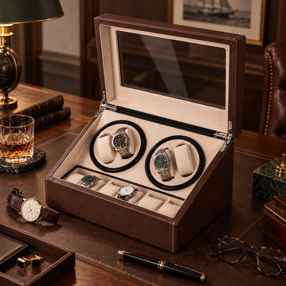 Remontoir Automatique Marron - pour 4 Montres Plus Rangement pour 6 Montres