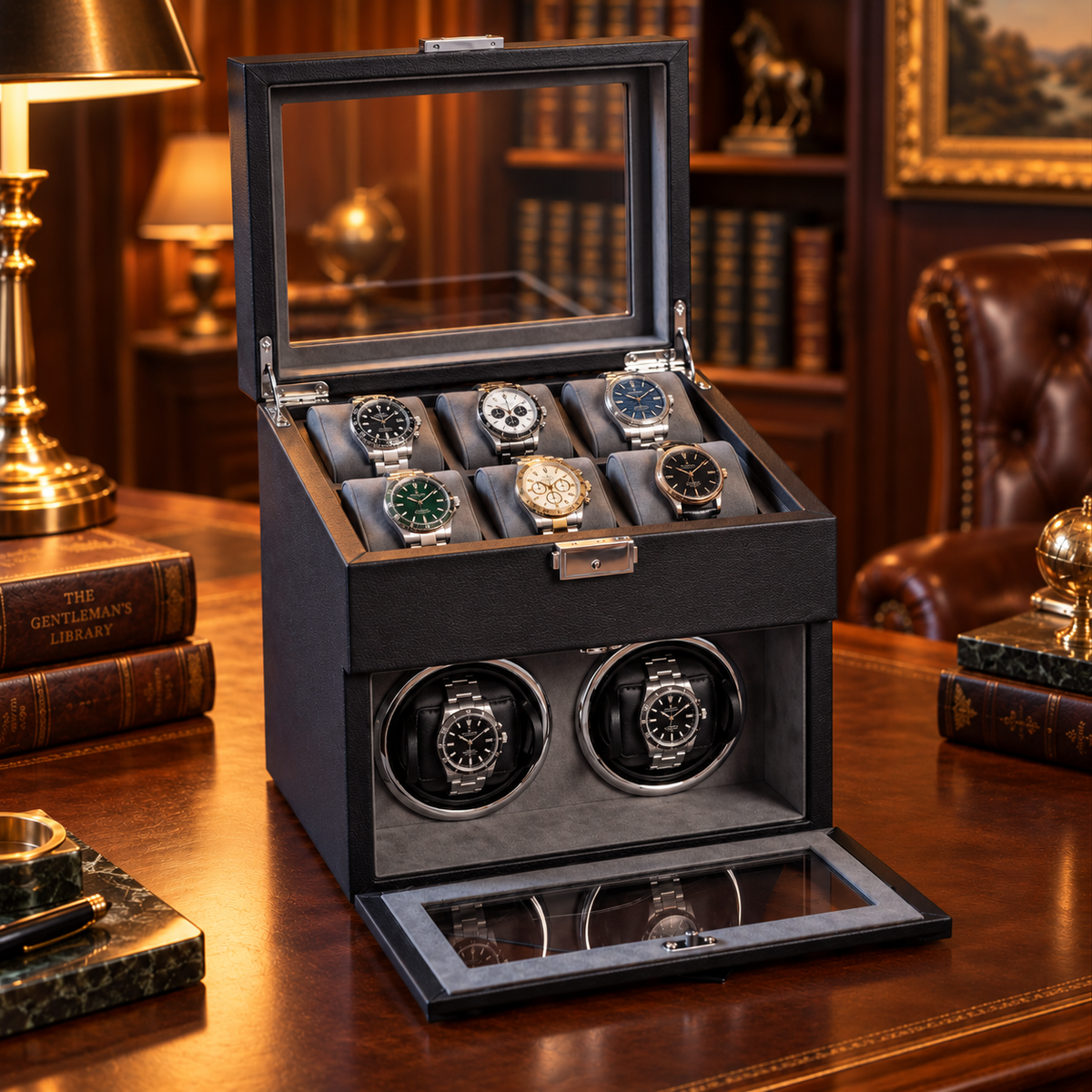 Coffret Remontoir Automatique pour Montres – Cuir Noir – Prestige