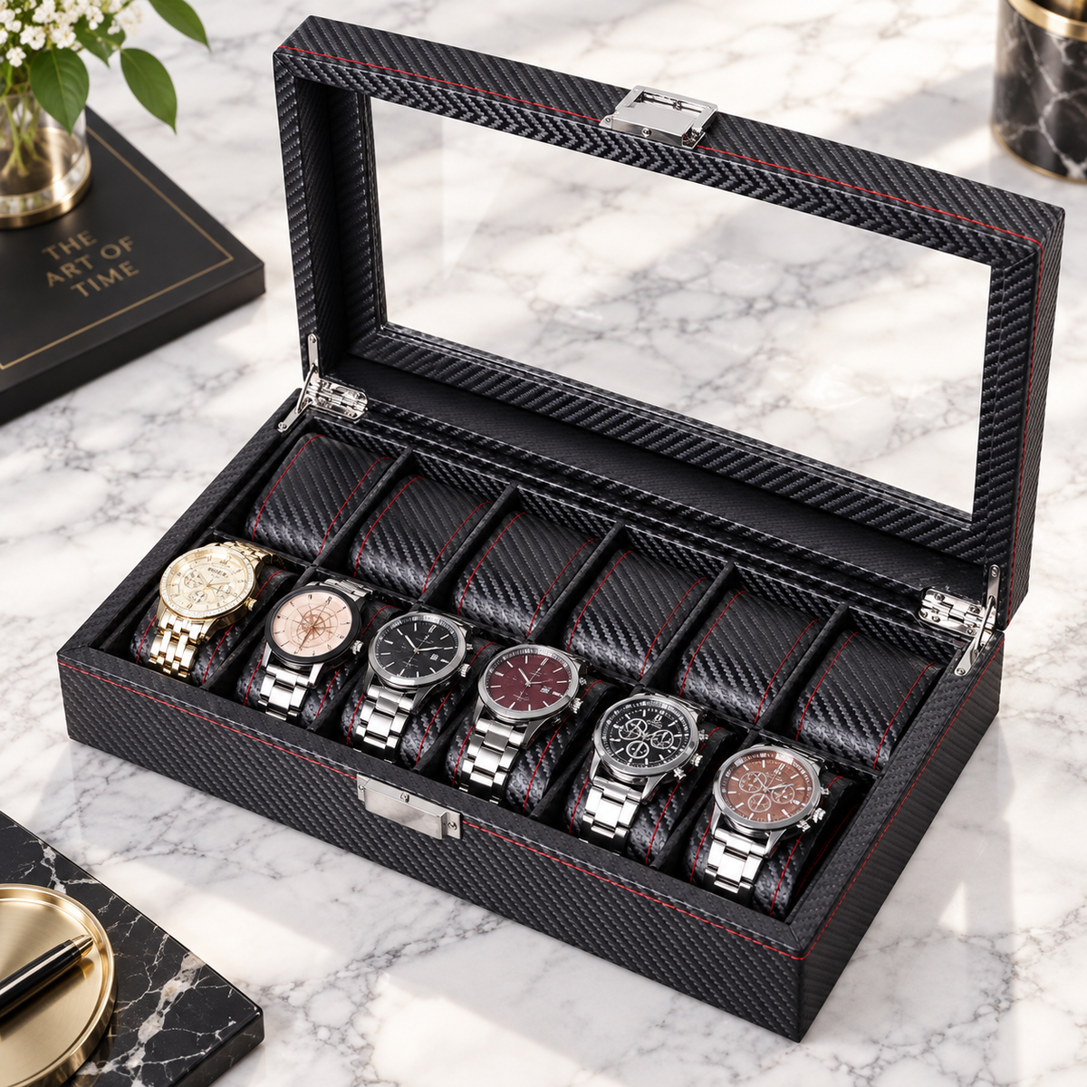 Boîte à Montres 10 Compartiments Effet Carbone – Monza