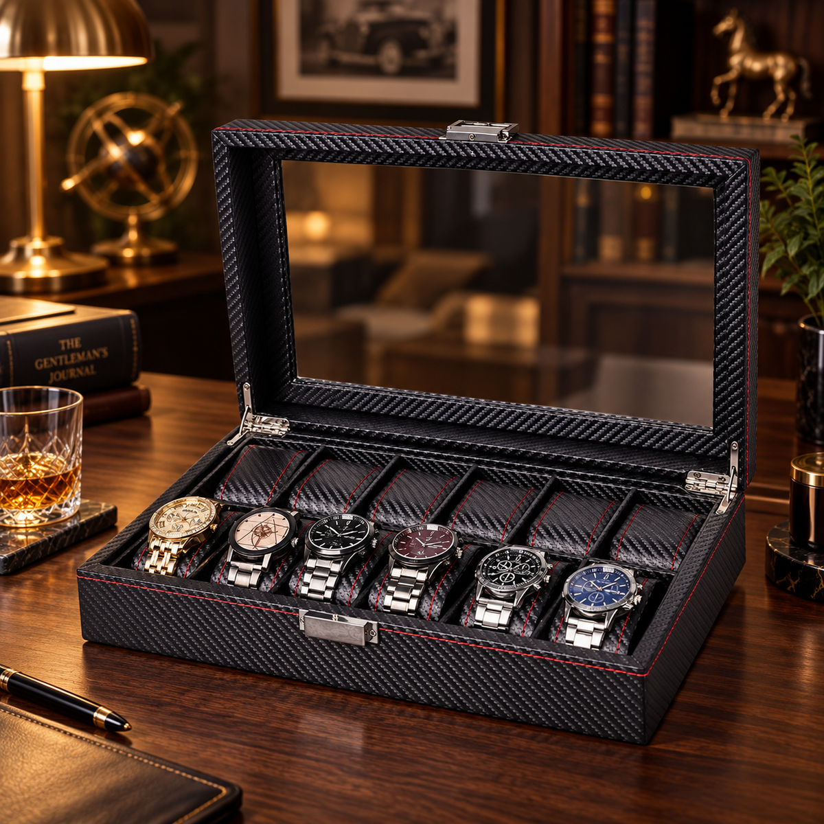 Boîte à Montres 10 Compartiments Effet Carbone – Monza