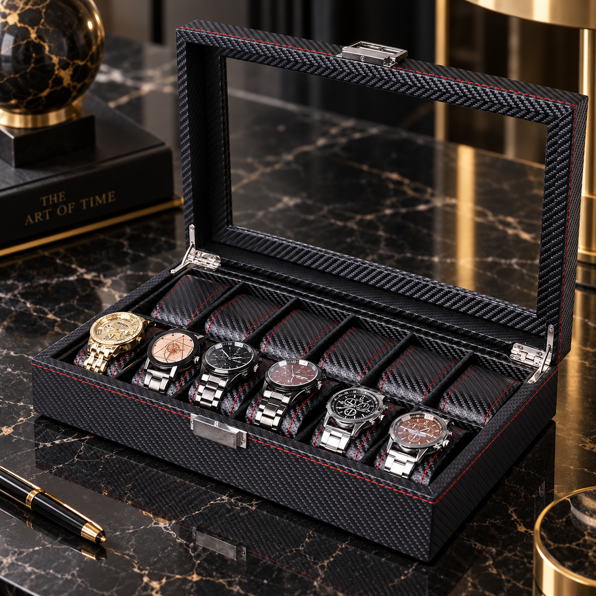 Boîte à Montres 10 Compartiments Effet Carbone – Monza